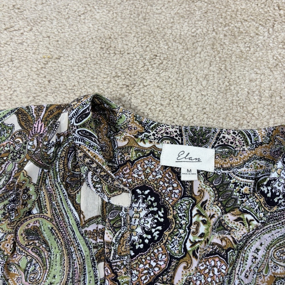 Elan M Blouse Peasant Brown Yellow Tan Paisley Tie Neck Long Sleeve Boho Artsy - Picture 4 of 8